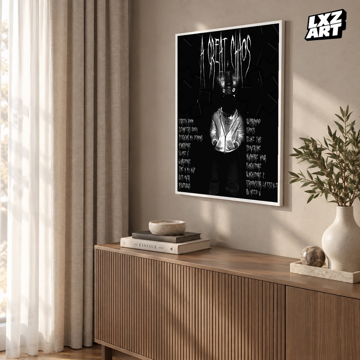 Ken Carson A Great Chaos Black Leather Portrait Tracklist poster; frame for display only