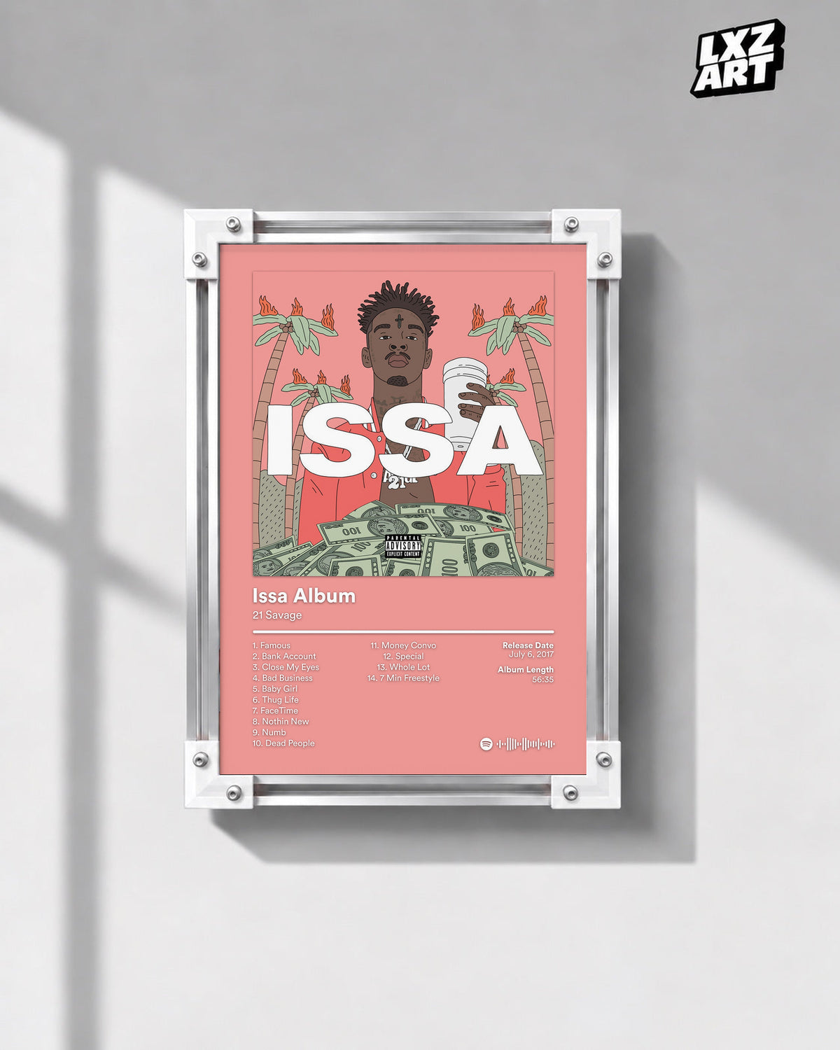 21 Savage Issa Album Pink Tracklist Poster | Unframed Wall Art displayed on a gray wall; frame not included.