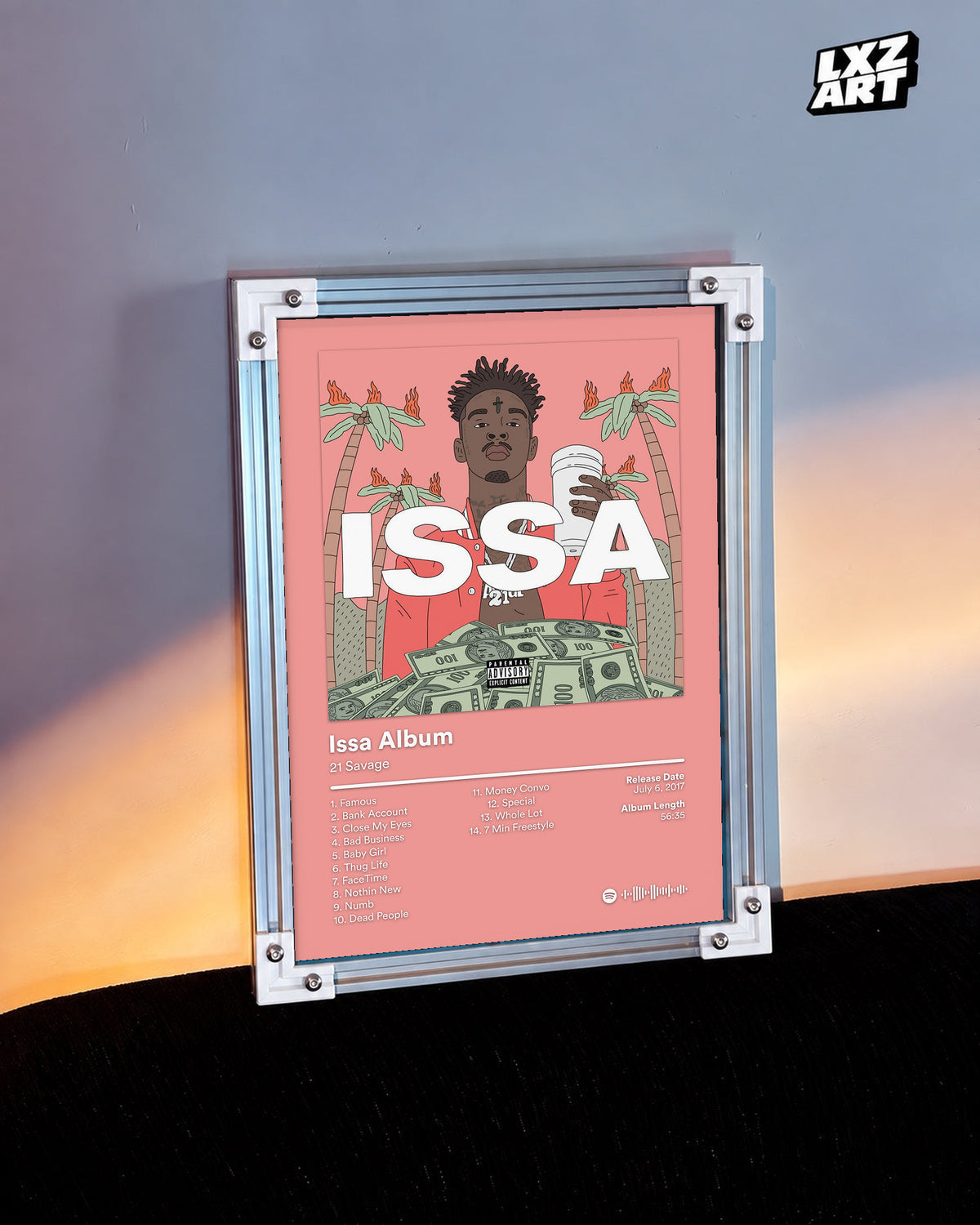 21 Savage Issa Album Pink Tracklist Poster | Unframed Wall Art displayed on a warm-lit wall; frame not included.