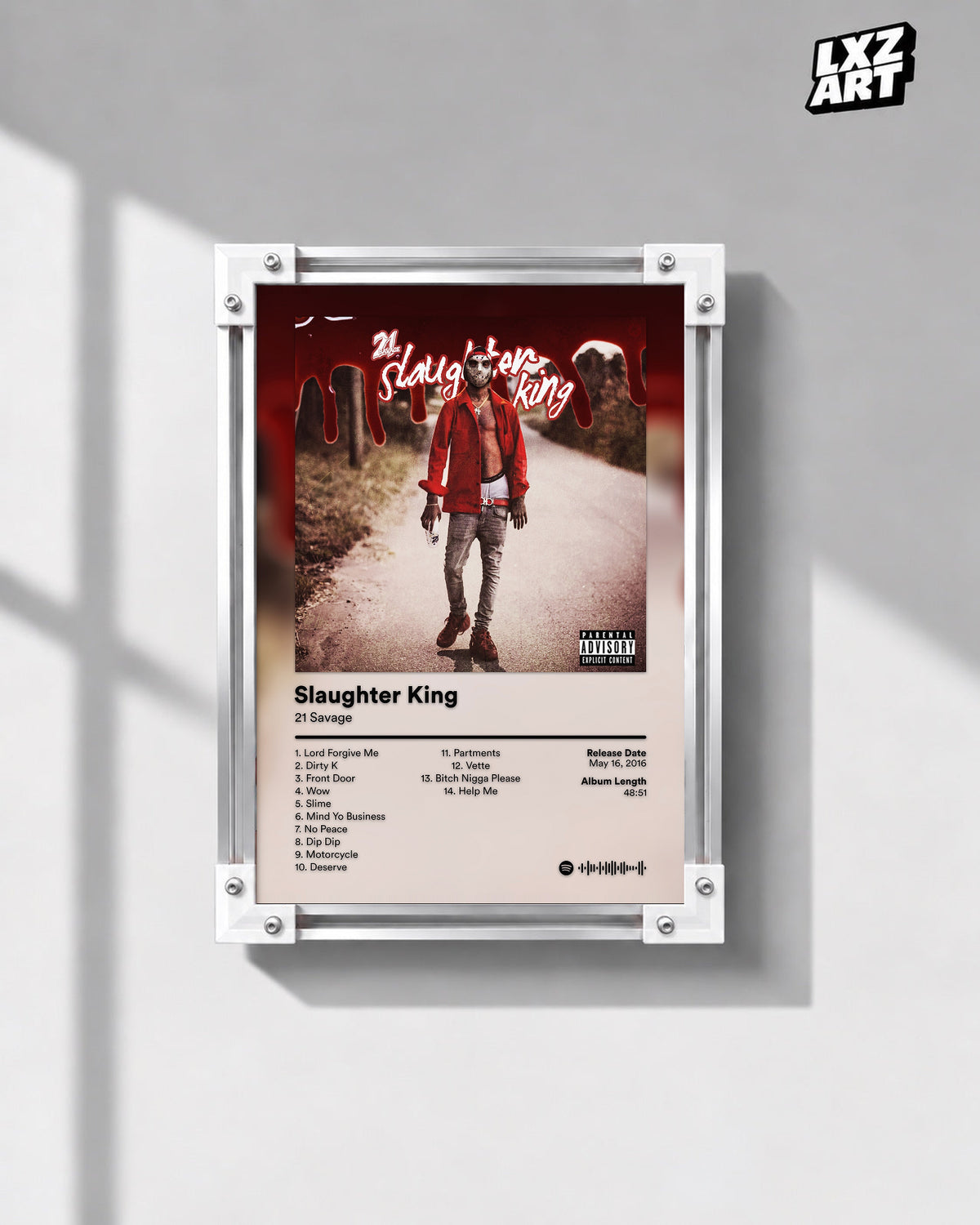 21 Savage Slaughter King Tracklist Poster | Unframed Wall Art displayed on a gray wall; frame not included.