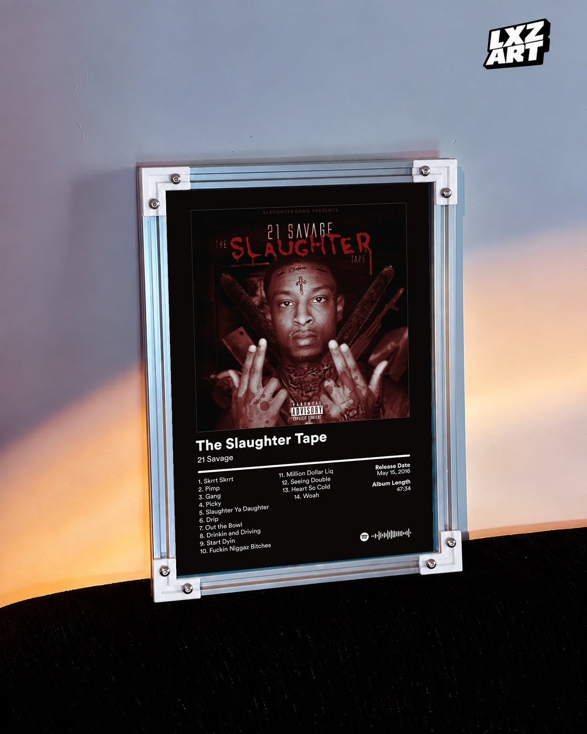 21 Savage The Slaughter Tape Tracklist Poster | Unframed Wall Art displayed on a warm-lit wall; frame not included.