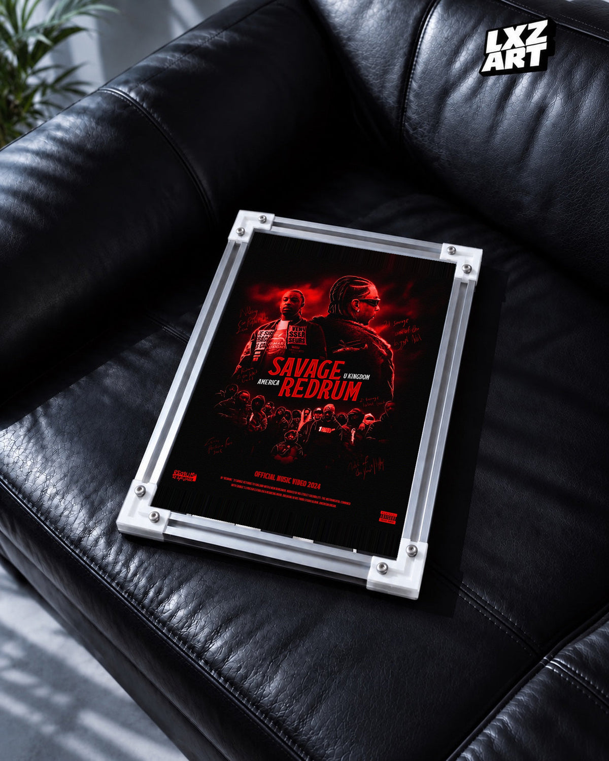 21 Savage Redrum Red Music Video Poster | Unframed Wall Art displayed on a black leather sofa; frame not included.
