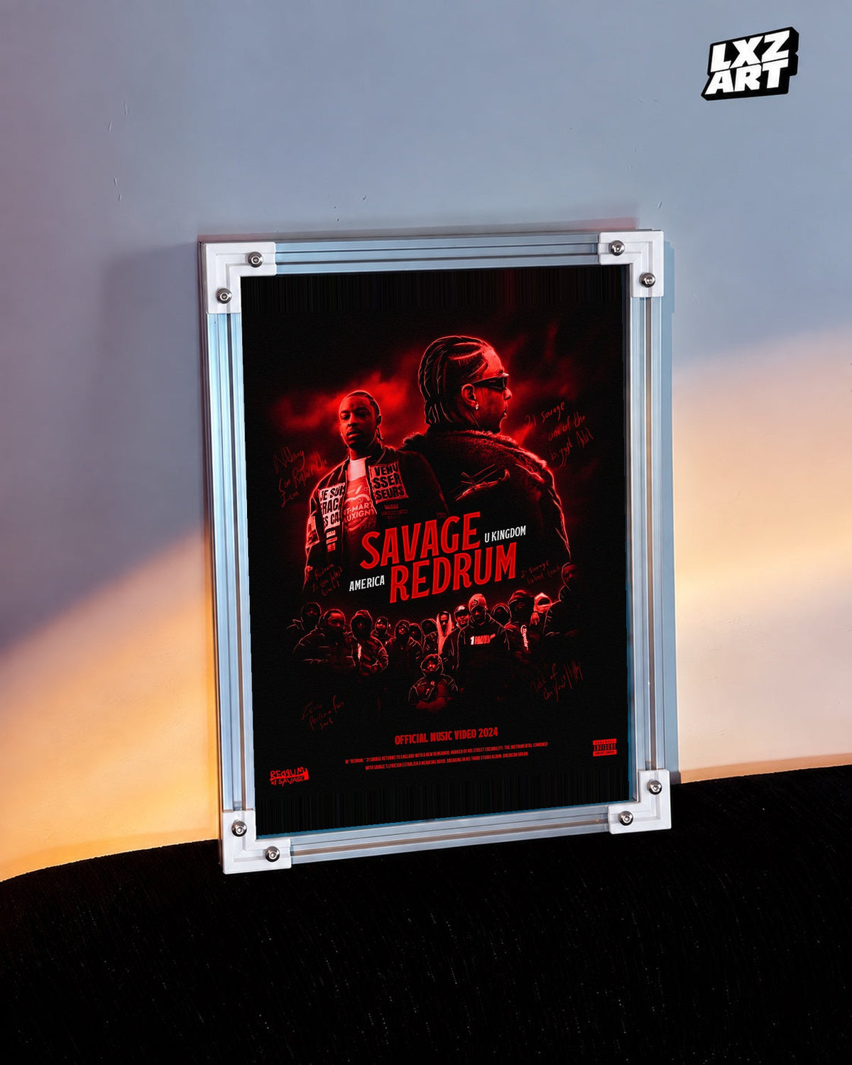 21 Savage Redrum Red Music Video Poster | Unframed Wall Art displayed on a warm-lit wall; frame not included.