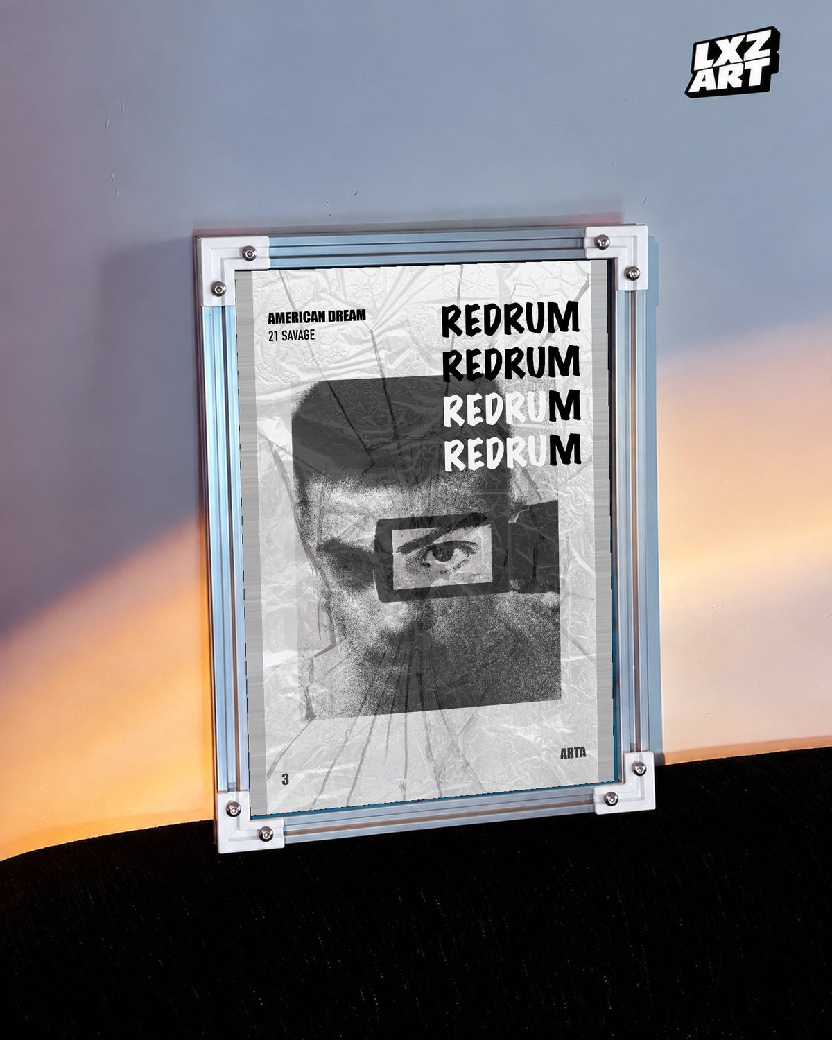 21 Savage Redrum Monochrome Eye Poster | Unframed Wall Art displayed on a warm-lit wall; frame not included.