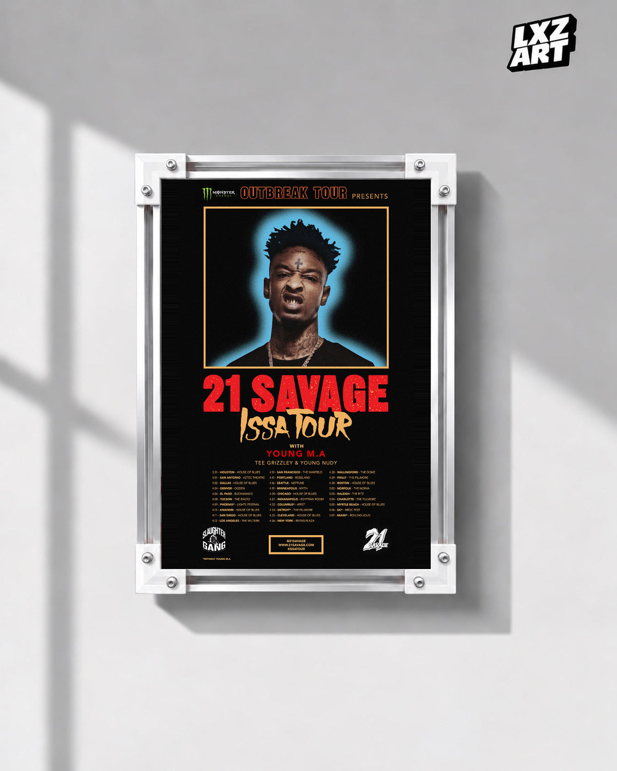 21 Savage Issa Tour 2017 Date Poster | Unframed Wall Art displayed on a gray wall; frame not included.
