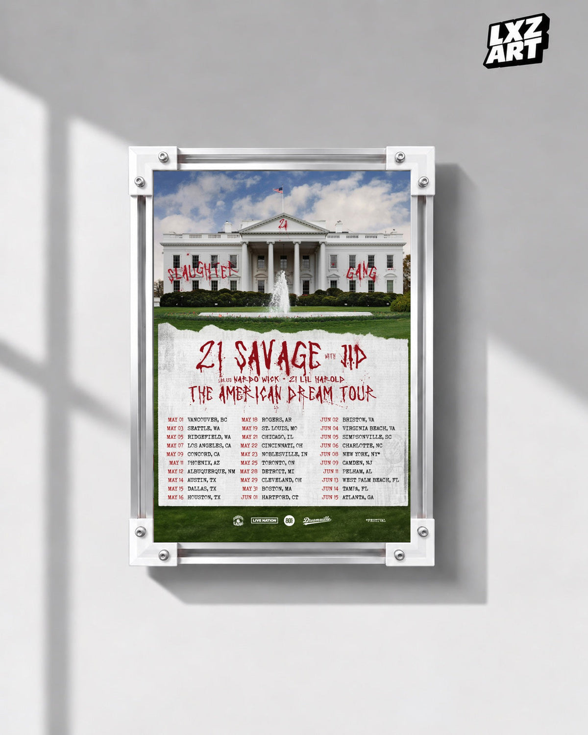 21 Savage The American Dream Tour 2024 Poster | Unframed Wall Art displayed on a gray wall; frame not included.