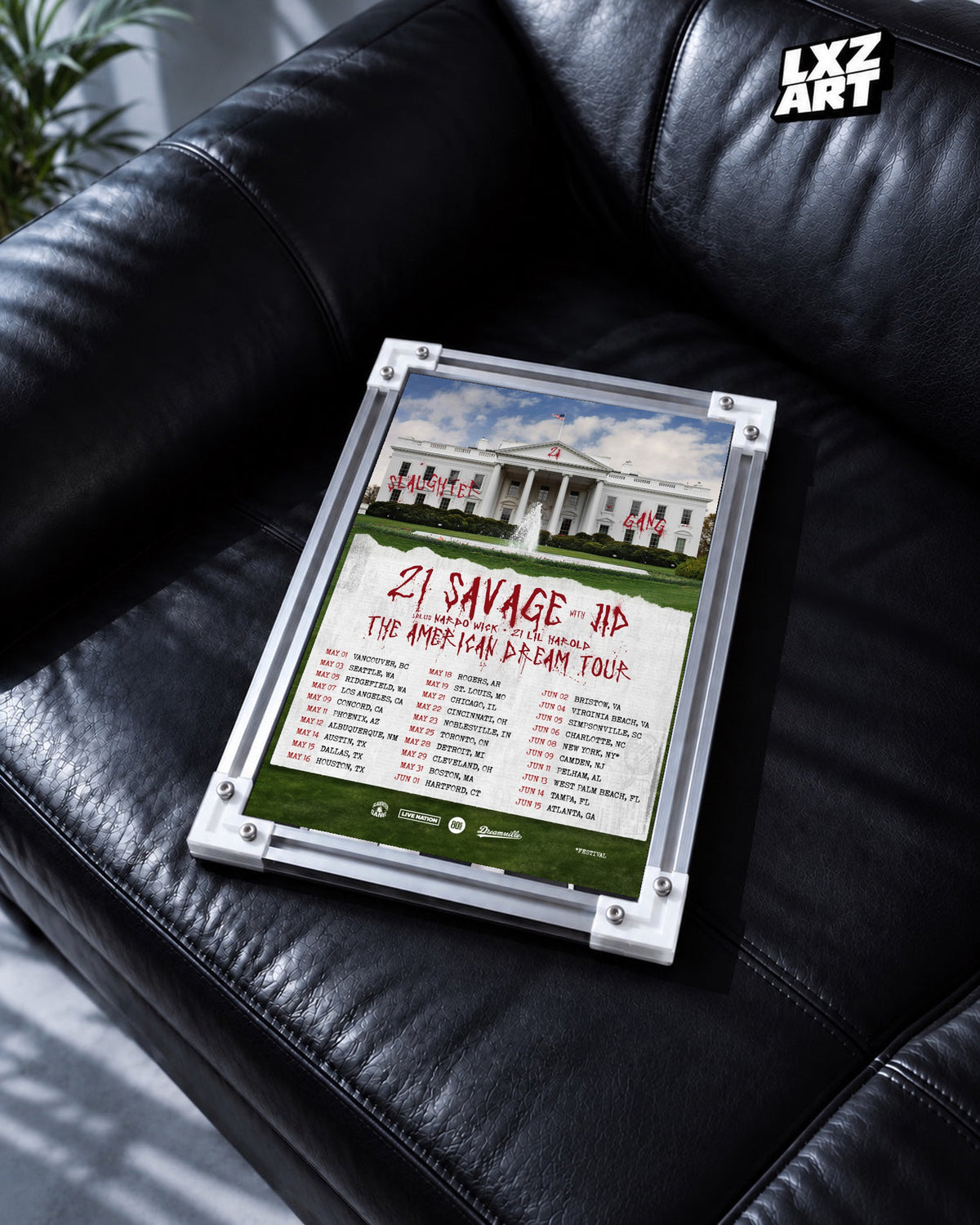 21 Savage The American Dream Tour 2024 Poster | Unframed Wall Art displayed on a black leather sofa; frame not included.