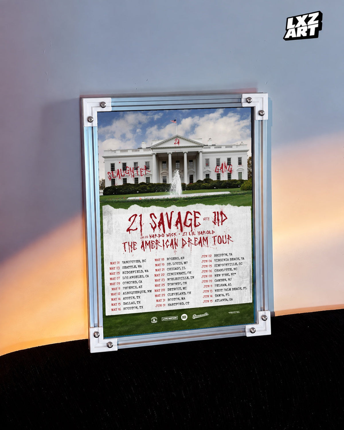 21 Savage The American Dream Tour 2024 Poster | Unframed Wall Art displayed on a warm-lit wall; frame not included.