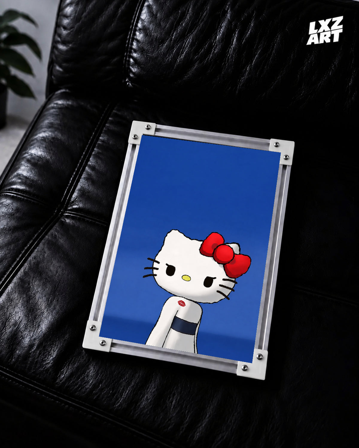 Sabrina Carpenter Short n' Sweet-inspired Hello Kitty poster – black sofa display; frame not included