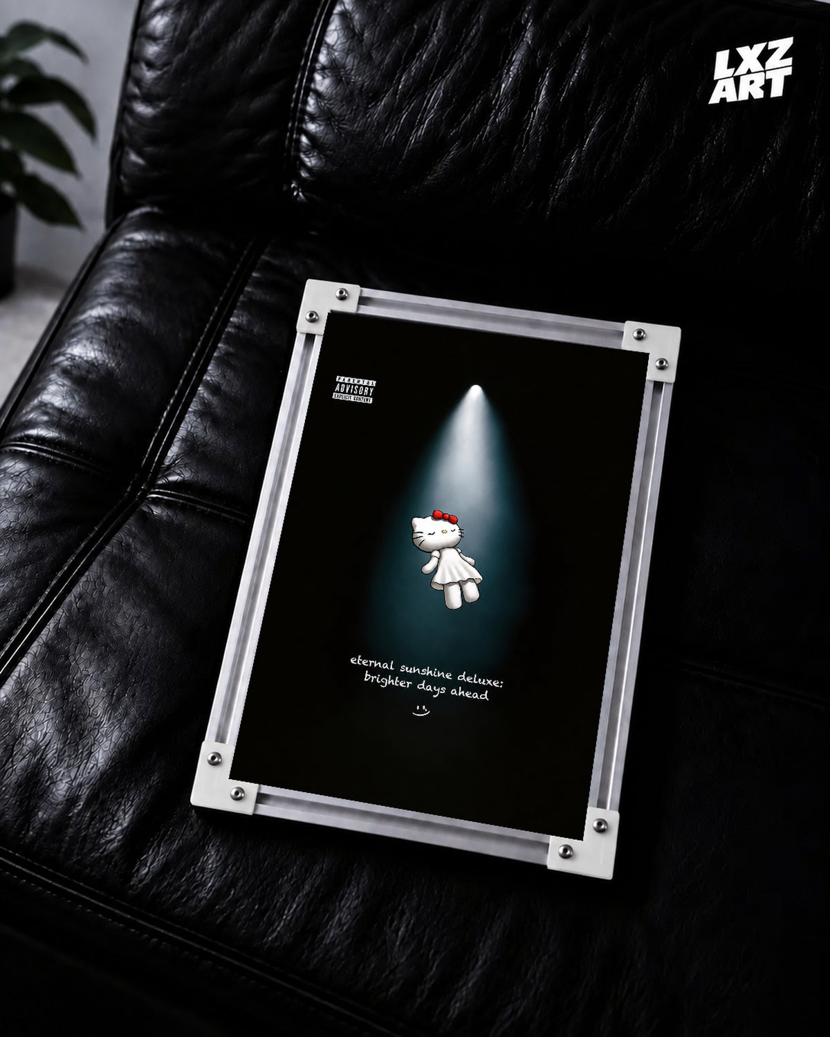 Ariana Grande Eternal Sunshine Deluxe-inspired Hello Kitty poster – black sofa display; frame not included