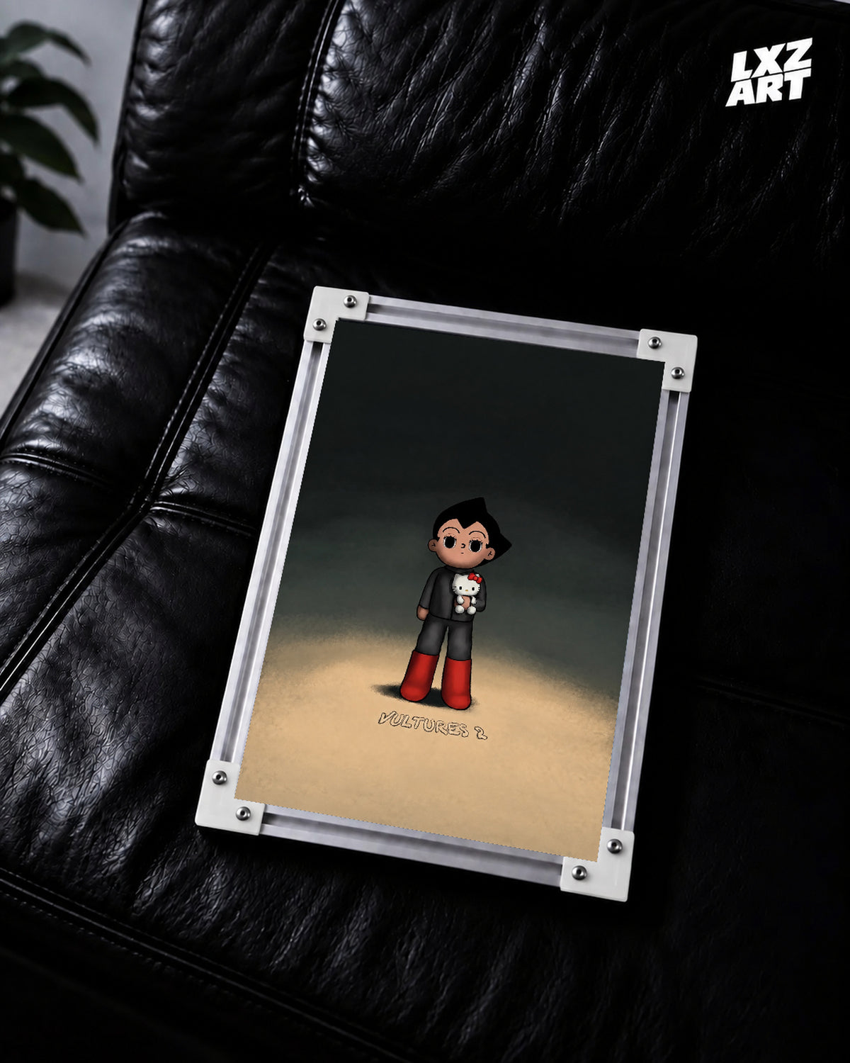 Kanye West and Ty Dolla $ign VULTURES 2-inspired Astro Boy poster – black sofa display; frame not included