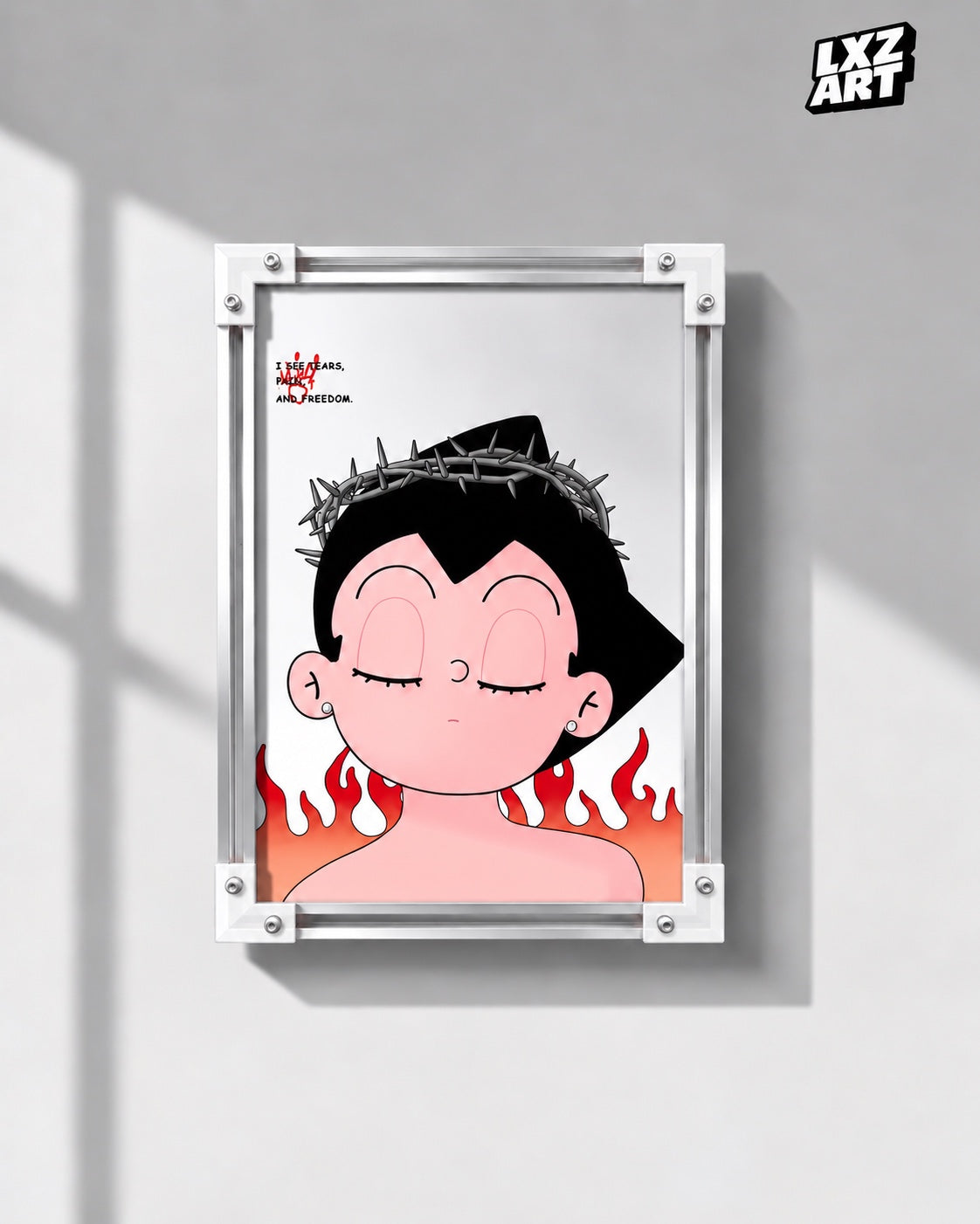 Astro Boy thorn crown and flame fan art, unframed print shown in a display frame, view 1