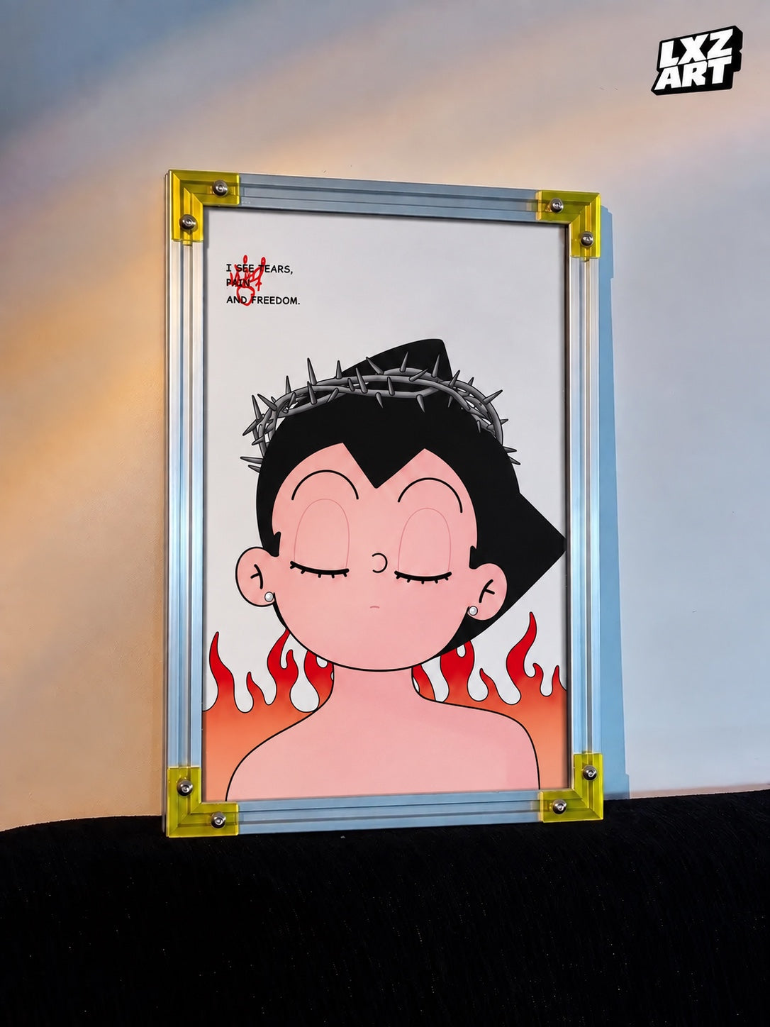 Astro Boy thorn crown and flame fan art, unframed print shown in a display frame, view 2