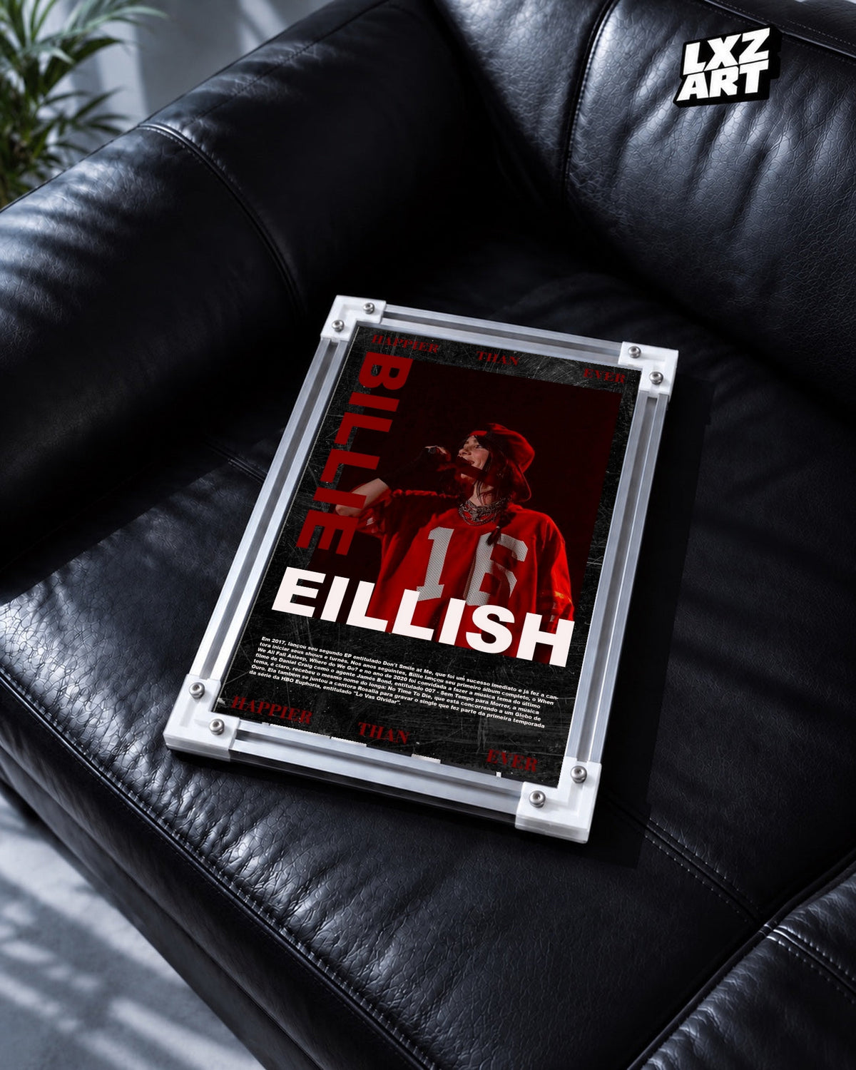 Billie Eilish Happier Than Ever Performance Poster in white-corner frame on black leather sofa. Frame shown for display only.