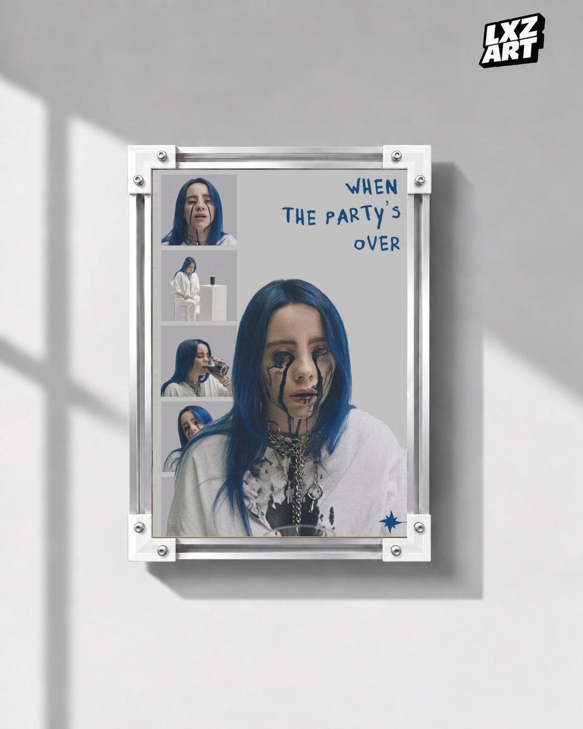 Billie Eilish When The Party’s Over Collage Poster in white-corner frame on gray wall. Frame shown for display only.