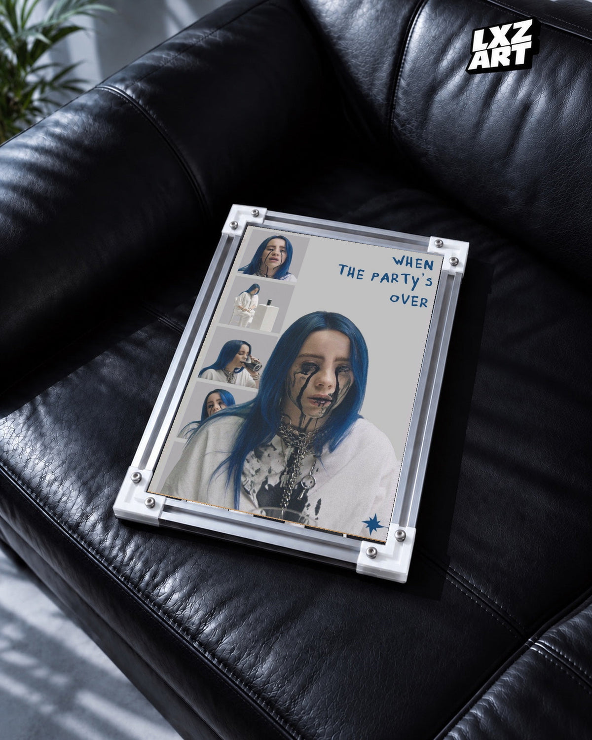 Billie Eilish When The Party’s Over Collage Poster in white-corner frame on black leather sofa. Frame shown for display only.