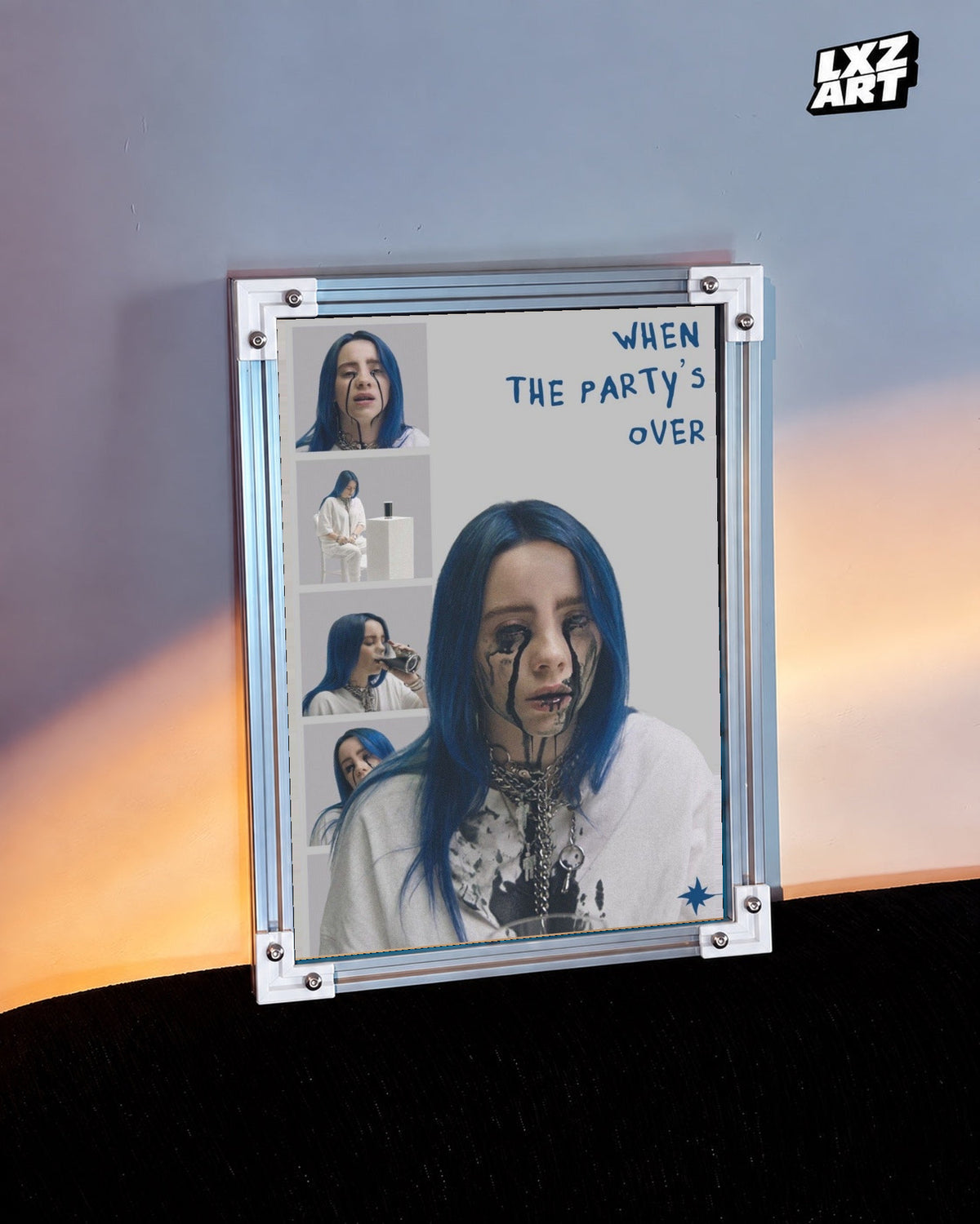 Billie Eilish When The Party’s Over Collage Poster in white-corner frame beside warm-lit wall. Frame shown for display only.