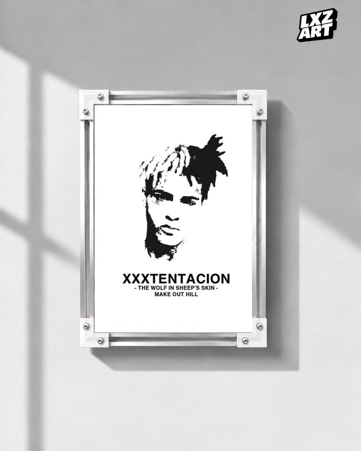 XXXTentacion Make Out Hill Minimal Portrait Poster in white-corner frame on gray wall. Frame shown for display only.
