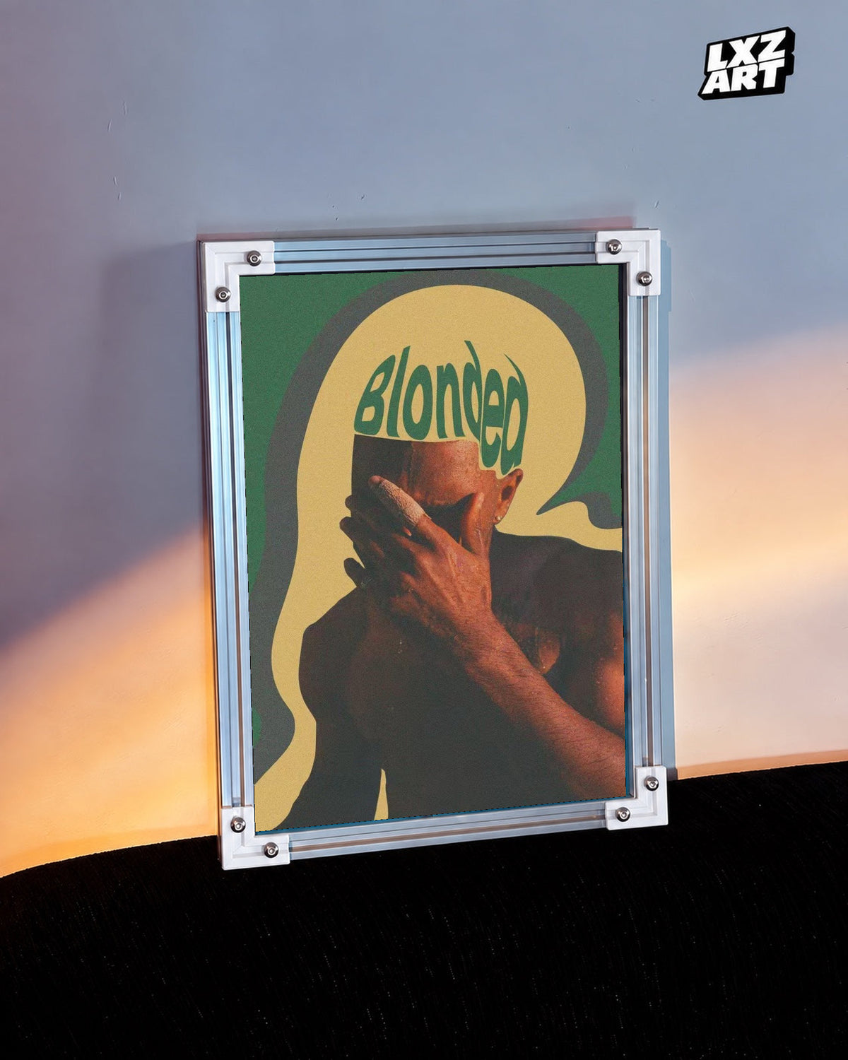 Frank Ocean Blonde Retro Portrait Poster in white-corner frame beside warm-lit wall. Frame shown for display only.