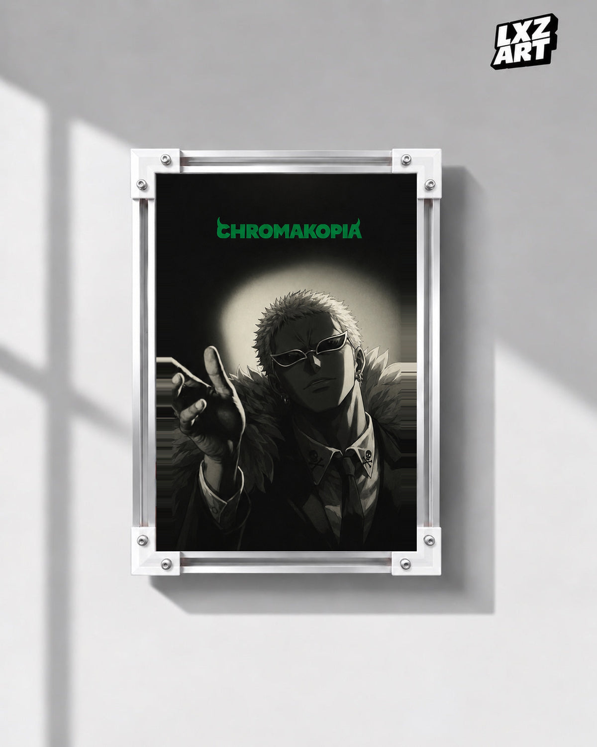 Tyler, The Creator Chromakopia Anime-Inspired Poster in white-corner frame on gray wall. Frame shown for display only.