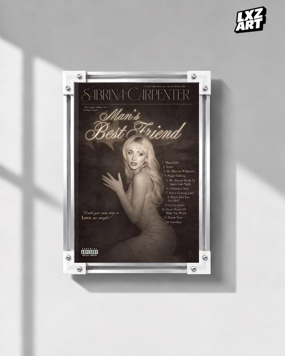 Sabrina Carpenter Man's Best Friend Sepia Portrait Tracklist Poster; gray wall front view; frame for display only