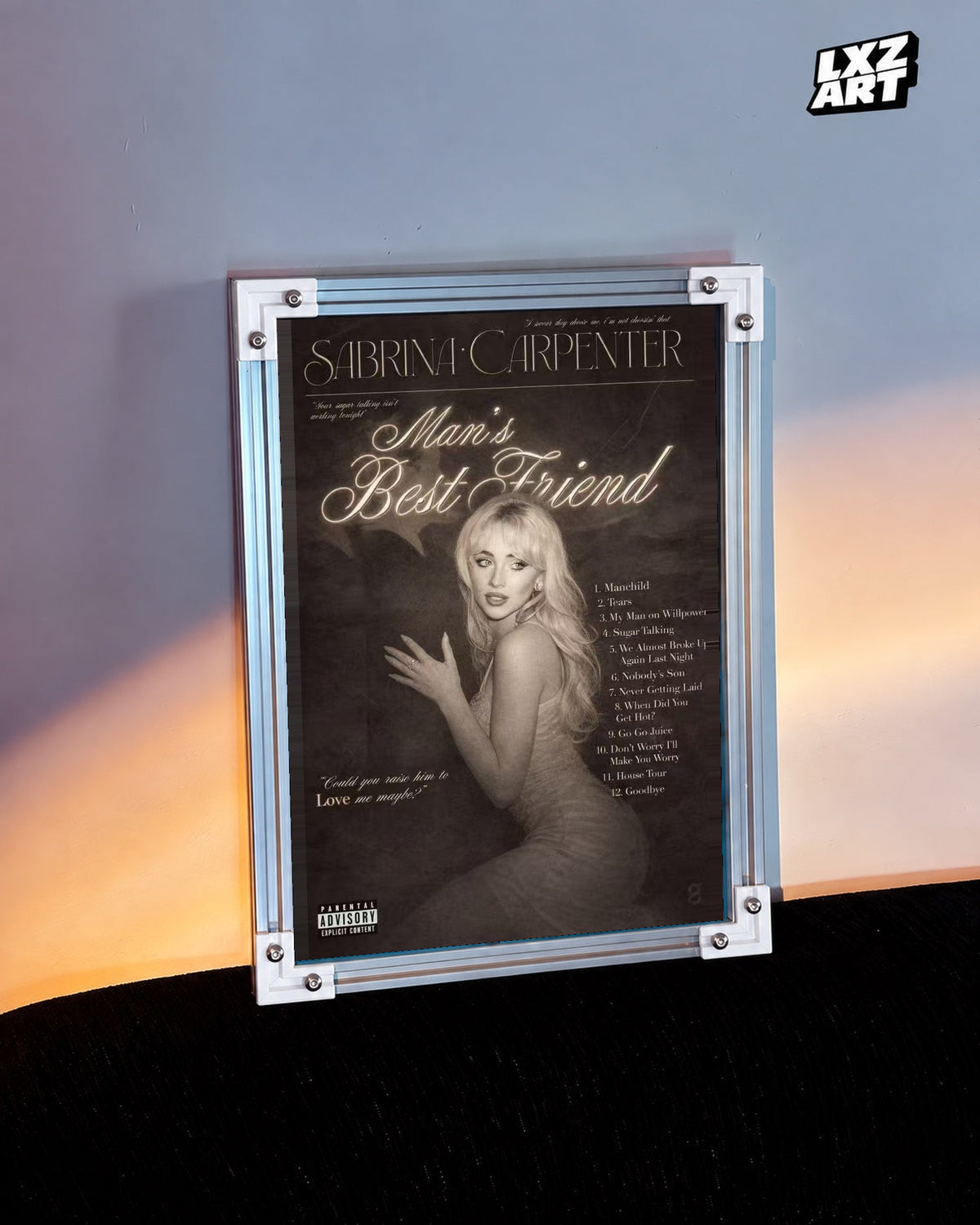 Sabrina Carpenter Man's Best Friend Sepia Portrait Tracklist Poster; warm light wall scene; frame for display only