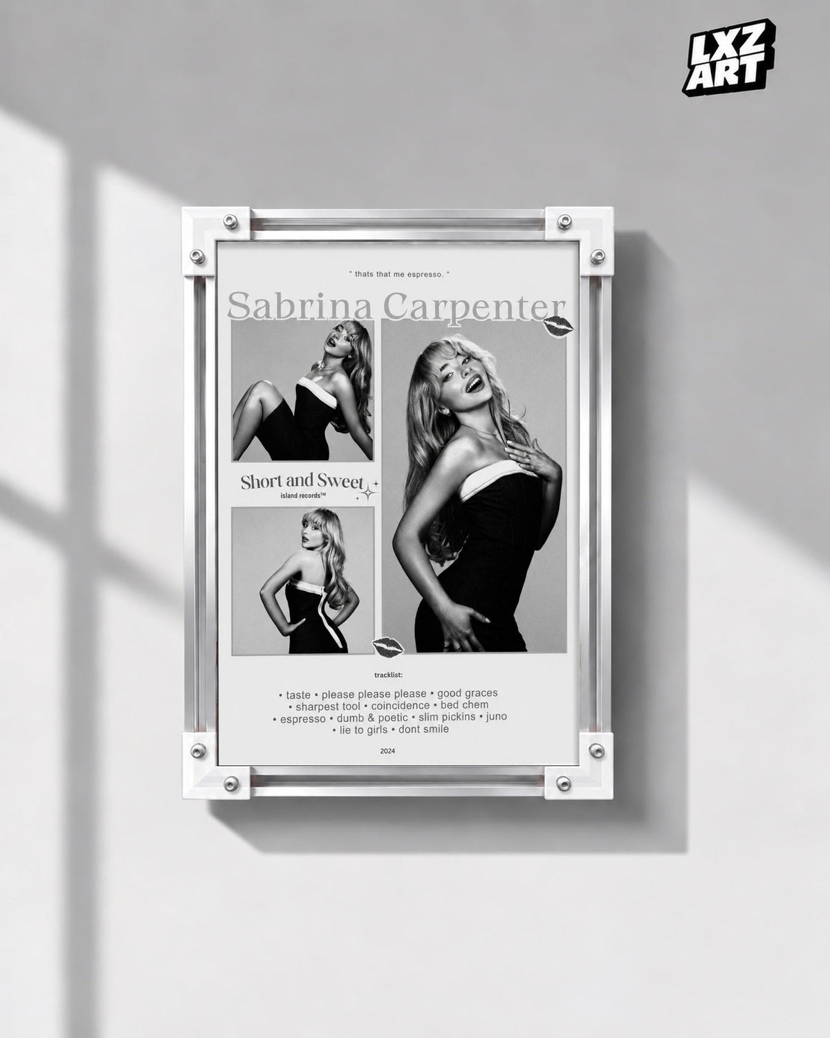 Sabrina Carpenter Short n' Sweet Black and White Collage Tracklist Poster; gray wall front view; frame for display only