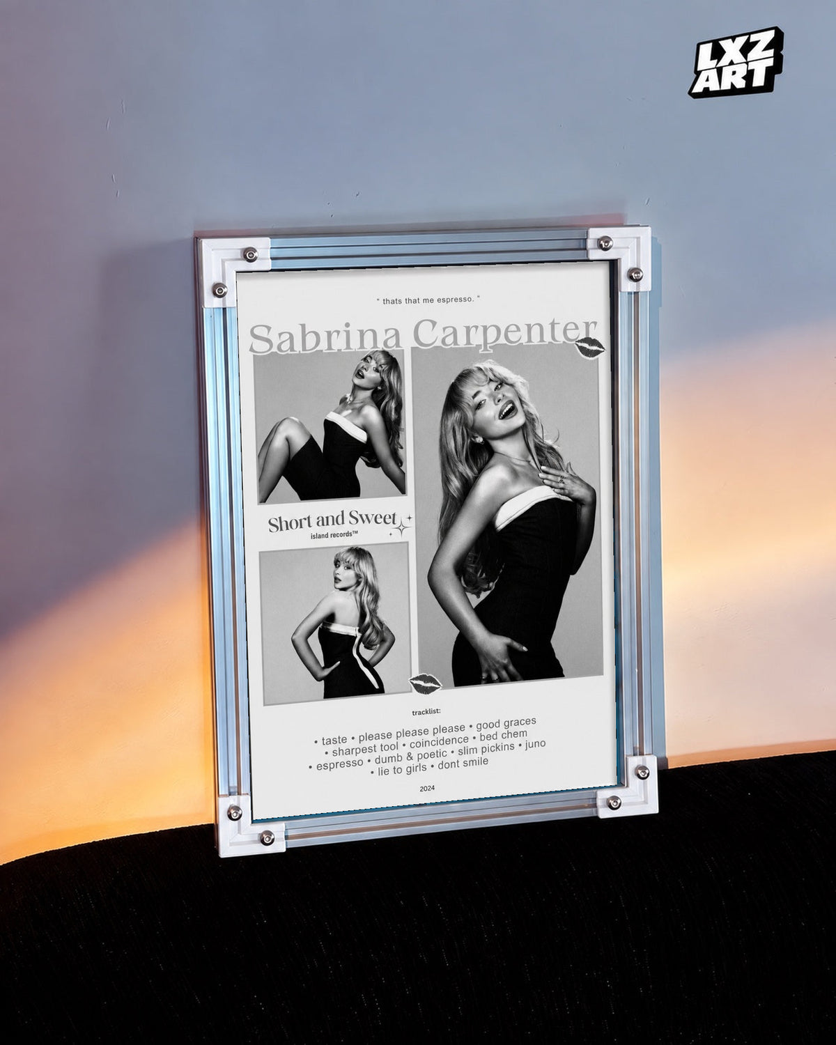 Sabrina Carpenter Short n' Sweet Black and White Collage Tracklist Poster; warm light wall scene; frame for display only