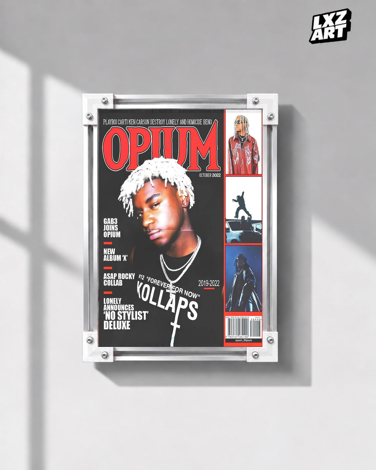 Opium Collective Red Magazine-Style Collage Poster; gray wall front view; frame for display only