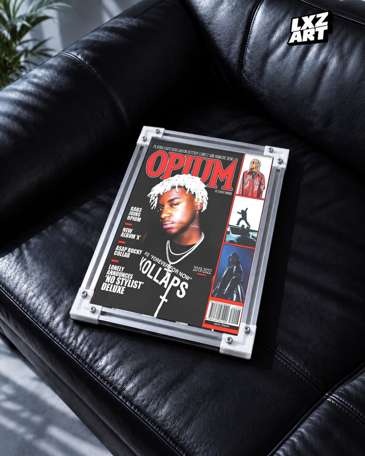 Opium Collective Red Magazine-Style Collage Poster; black leather sofa scene; frame for display only