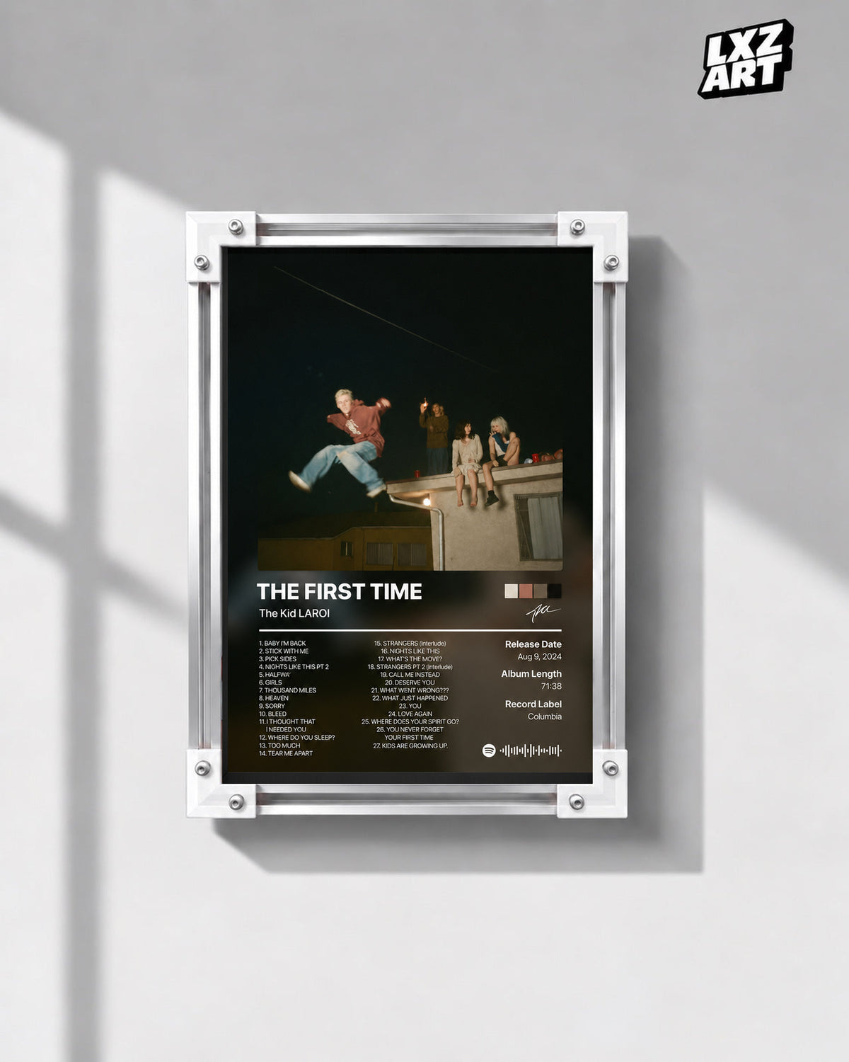 The Kid LAROI The First Time Rooftop Tracklist Poster in white-corner frame on gray wall. Frame shown for display only.