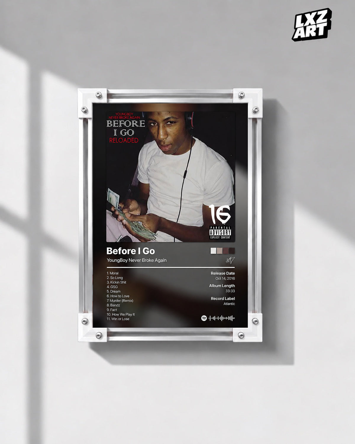 YoungBoy Never Broke Again Before I Go Tracklist Poster in white-corner frame on gray wall. Frame shown for display only.