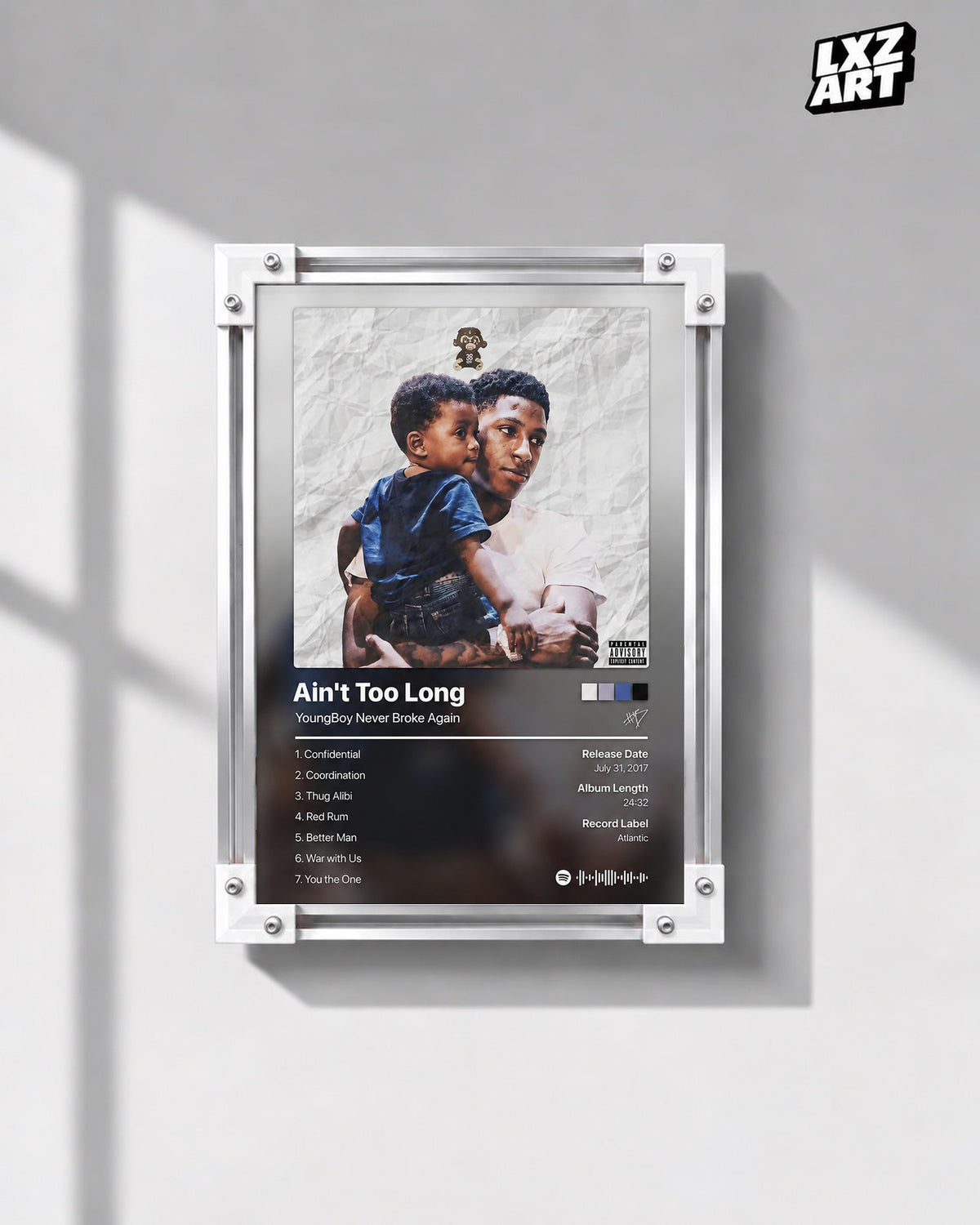 YoungBoy Never Broke Again Ain't Too Long Tracklist Poster in white-corner frame on gray wall. Frame shown for display only.