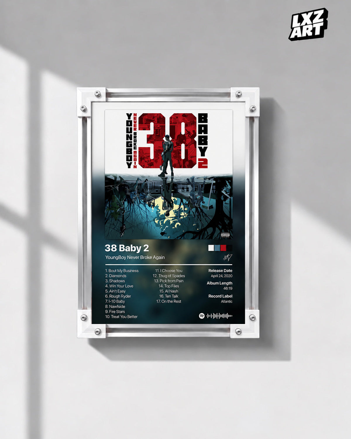 YoungBoy Never Broke Again 38 Baby 2 Tracklist Poster in white-corner frame on gray wall. Frame shown for display only.