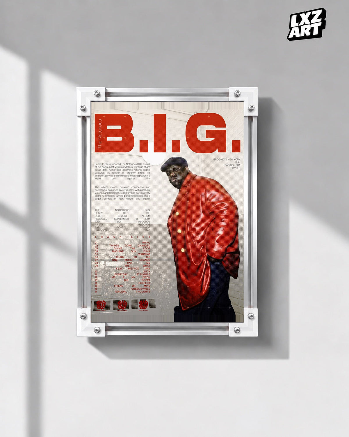 The Notorious B.I.G. Ready to Die Red Jacket Tracklist Poster in white-corner frame on gray wall. Frame shown for display only.