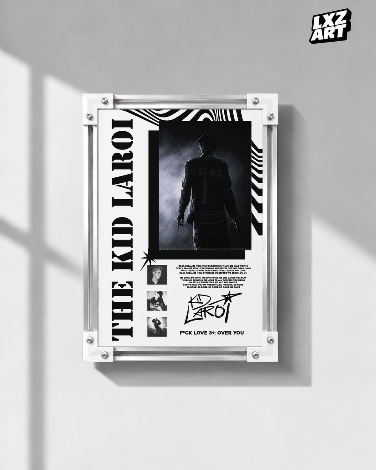 The Kid LAROI FLV3+: OVER YOU Black and White Collage Poster in white-corner frame on gray wall. Frame shown for display only.