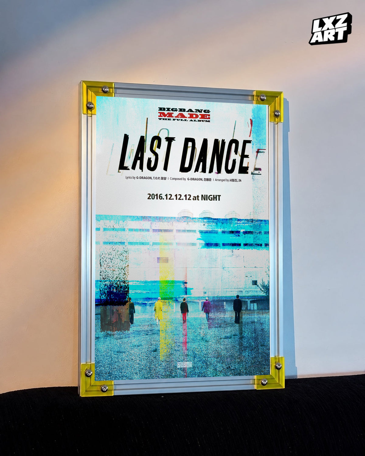 BIGBANG MADE Last Dance Color-Stripe Song Poster displayed against a warm wall in a yellow-corner frame; unframed print, frame not included