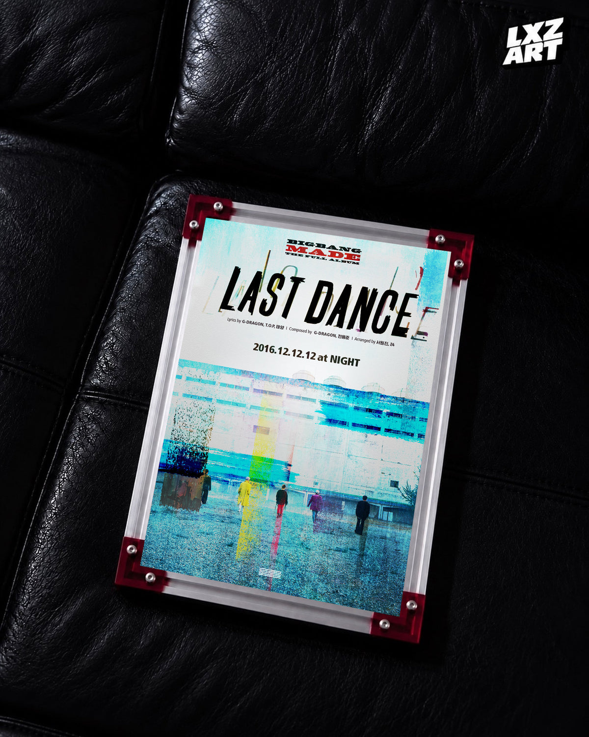 BIGBANG MADE Last Dance Color-Stripe Song Poster displayed on a black leather sofa in a red-corner frame; unframed print, frame not included