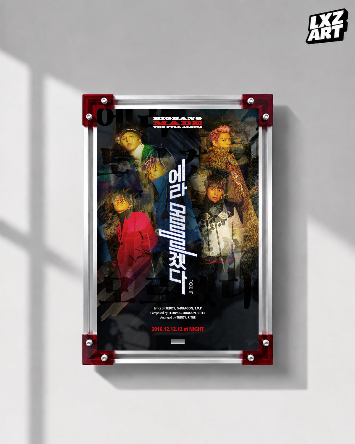 BIGBANG MADE FXXK IT Multicolor Song Poster displayed on a gray wall in a red-corner frame; unframed print, frame not included