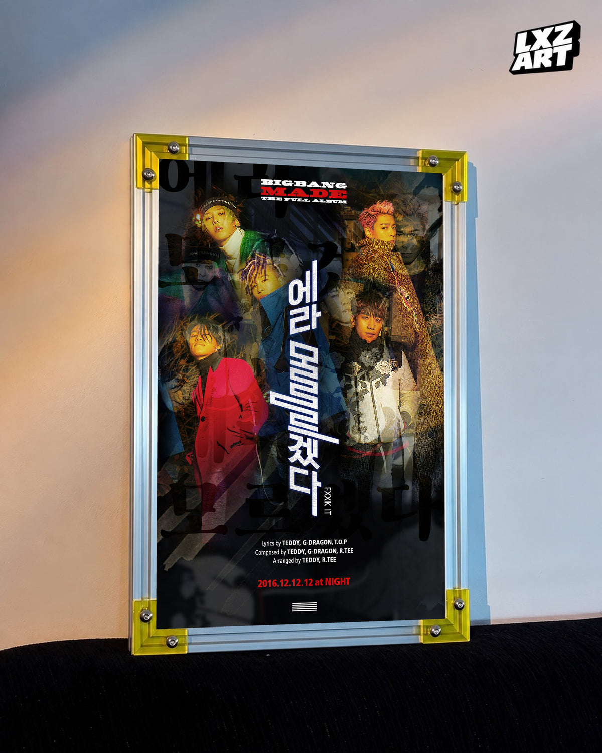 BIGBANG MADE FXXK IT Multicolor Song Poster displayed against a warm wall in a yellow-corner frame; unframed print, frame not included