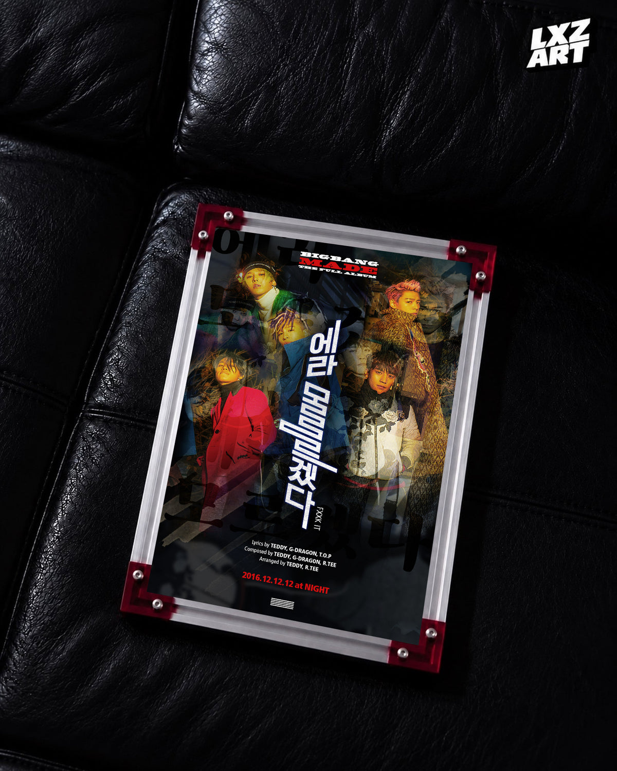 BIGBANG MADE FXXK IT Multicolor Song Poster displayed on a black leather sofa in a red-corner frame; unframed print, frame not included
