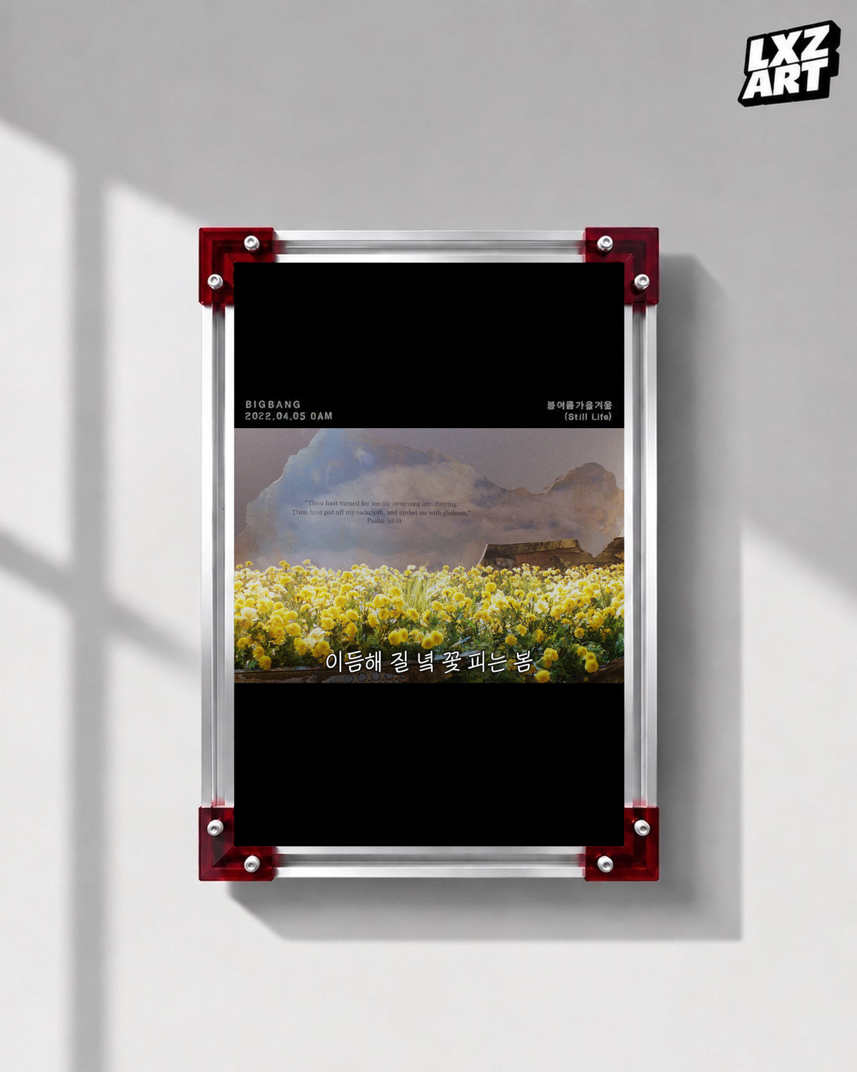 BIGBANG Still Life Yellow Flowers Lyric Poster displayed on a gray wall in a red-corner frame; unframed print, frame not included