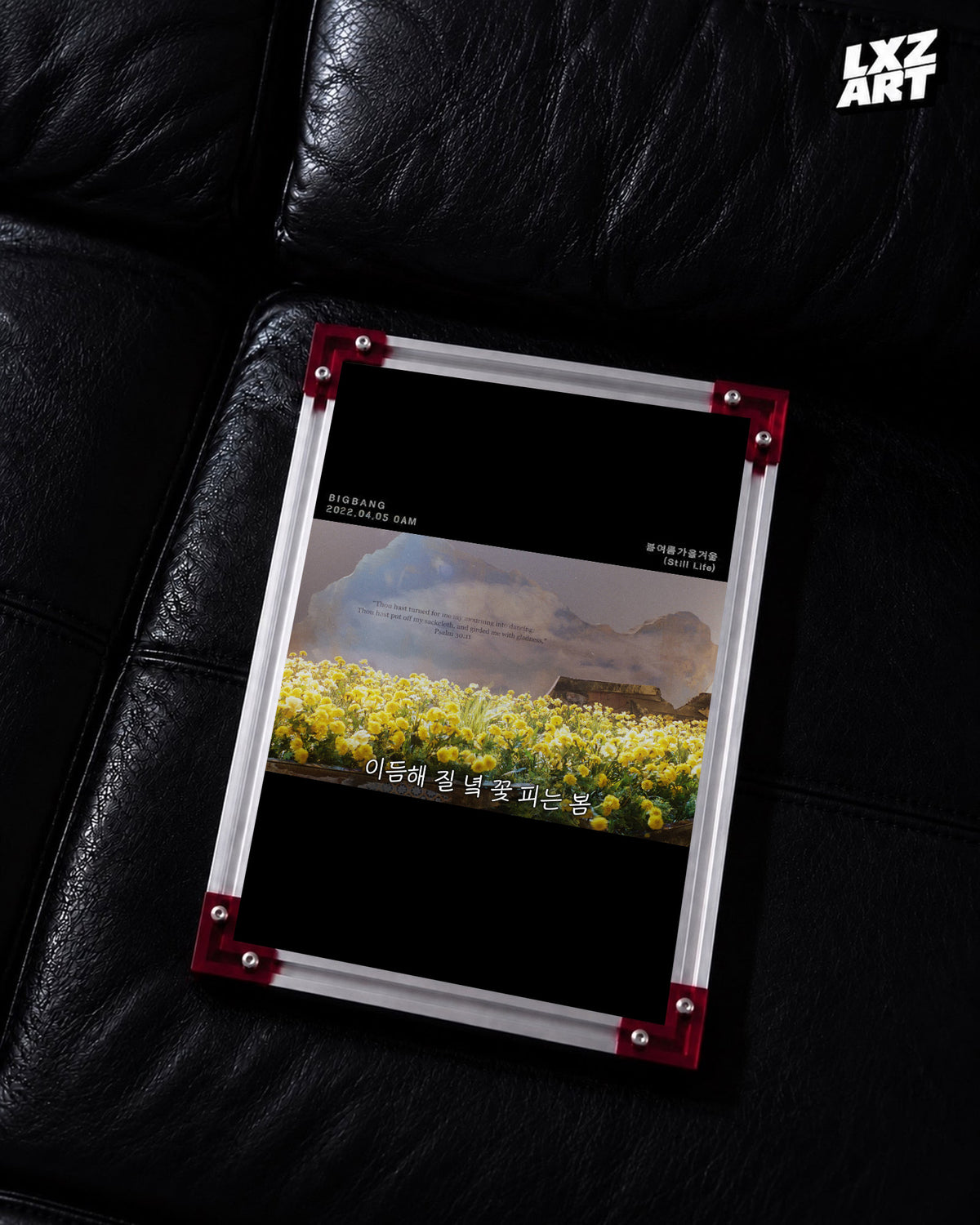 BIGBANG Still Life Yellow Flowers Lyric Poster displayed on a black leather sofa in a red-corner frame; unframed print, frame not included
