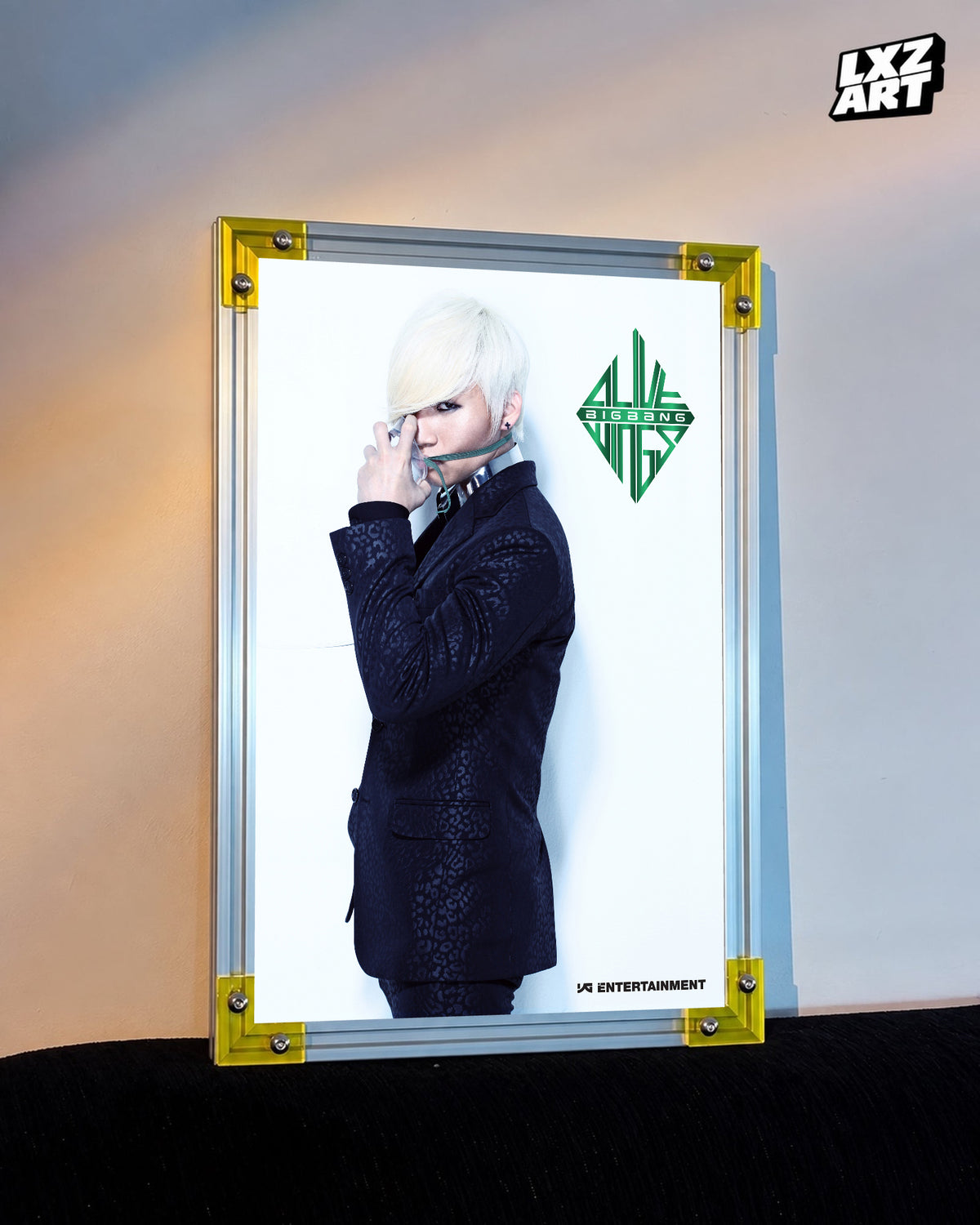 BIGBANG ALIVE Wings Daesung Album Teaser Poster displayed against a warm wall in a yellow-corner frame; unframed print, frame not included