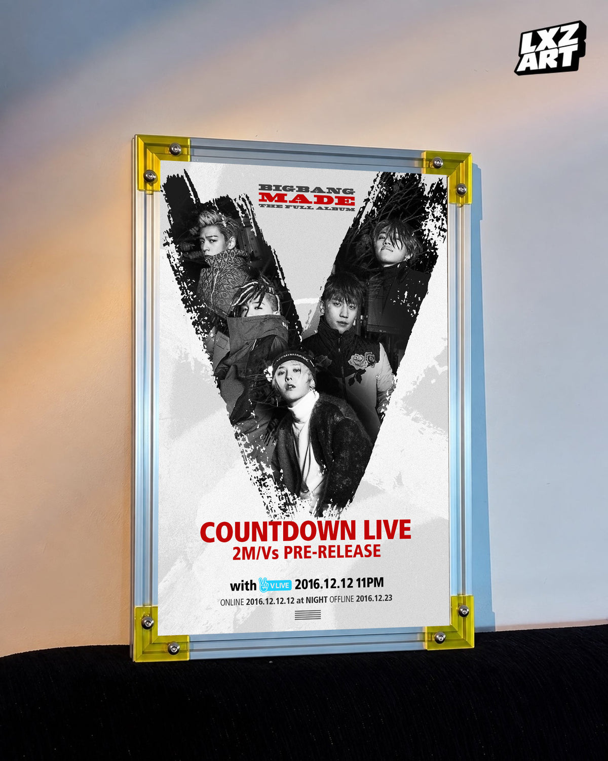 BIGBANG MADE Countdown Live Group Collage Poster displayed against a warm wall in a yellow-corner frame; unframed print, frame not included