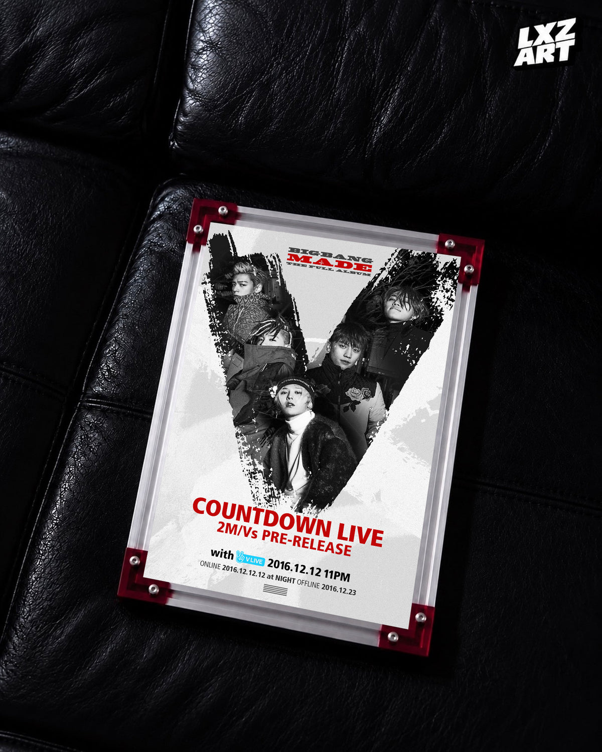BIGBANG MADE Countdown Live Group Collage Poster displayed on a black leather sofa in a red-corner frame; unframed print, frame not included