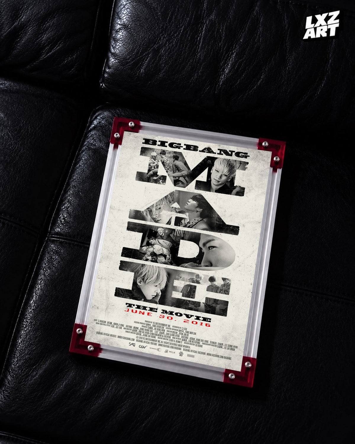 BIGBANG MADE The Movie Typography Poster displayed on a black leather sofa in a red-corner frame; unframed print, frame not included