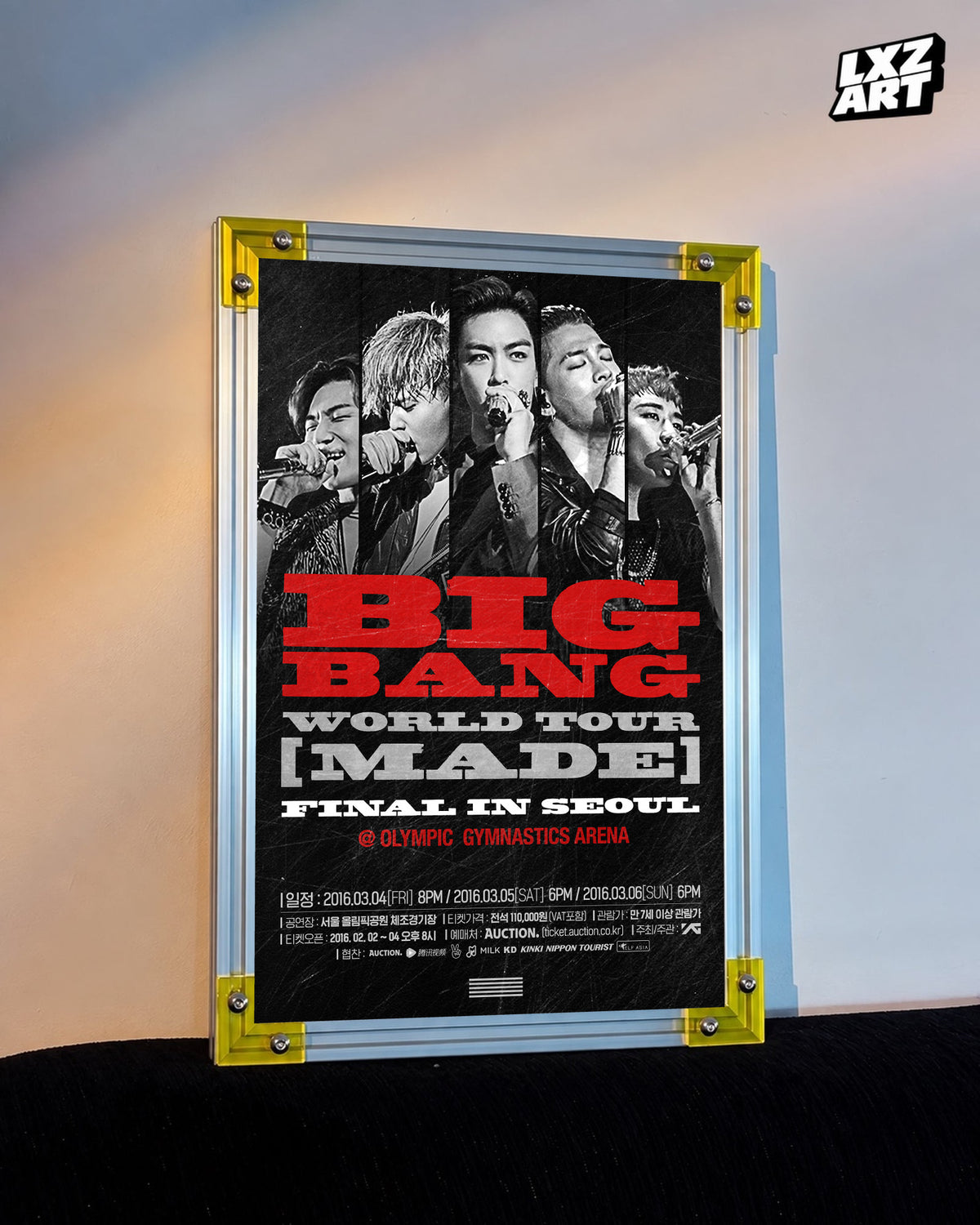 BIGBANG MADE Final in Seoul Portrait Concert Poster displayed against a warm wall in a yellow-corner frame; unframed print, frame not included