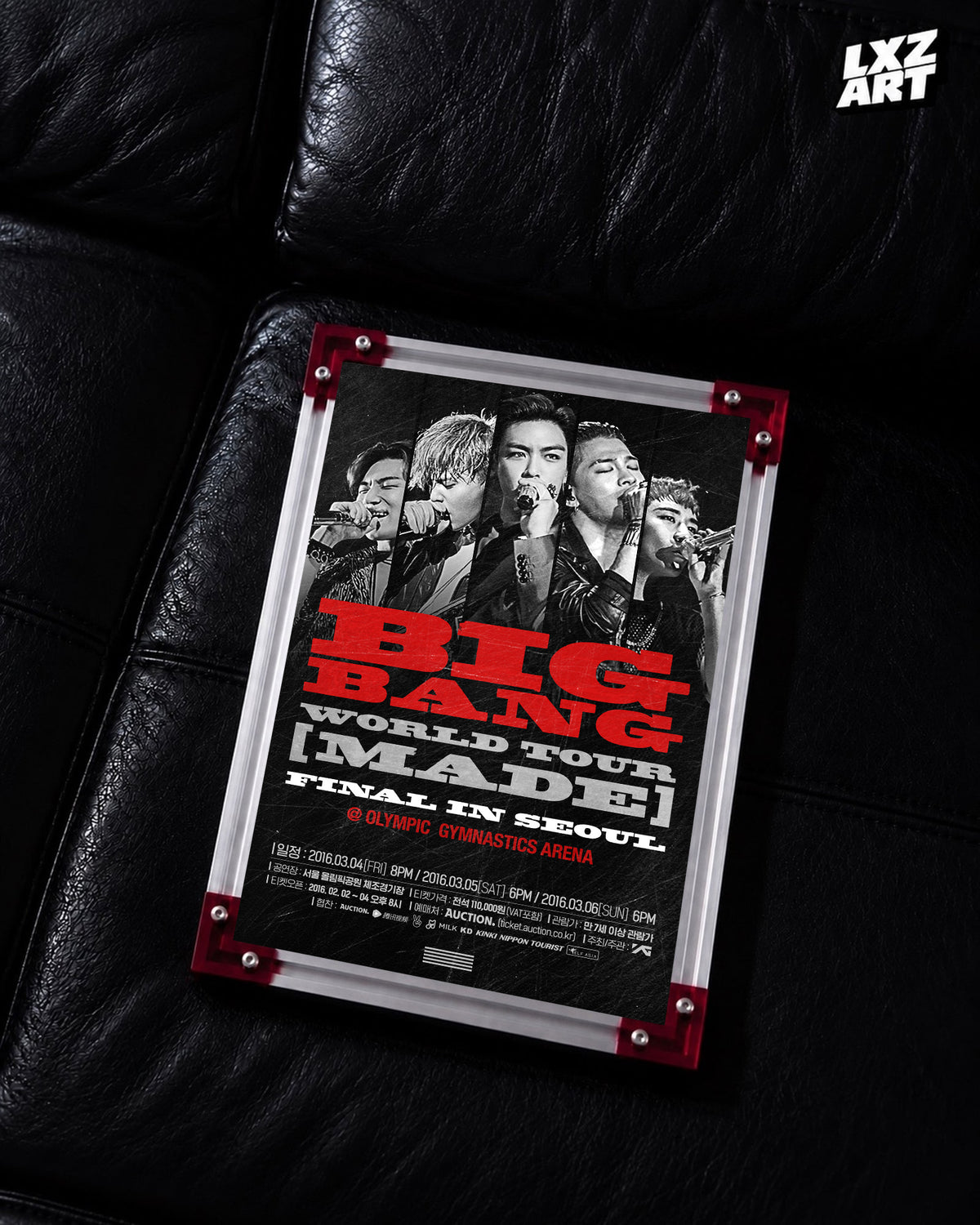 BIGBANG MADE Final in Seoul Portrait Concert Poster displayed on a black leather sofa in a red-corner frame; unframed print, frame not included