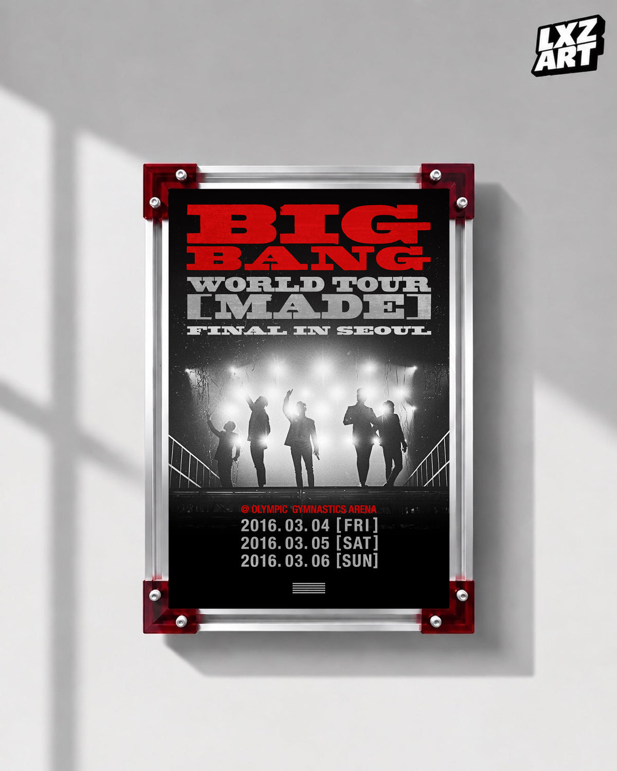 BIGBANG MADE Final in Seoul Silhouette Concert Poster displayed on a gray wall in a red-corner frame; unframed print, frame not included
